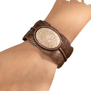 Boho Feather Cuff Bracelet White Stone Bronze Tone‎ Adjustable Women Fashion